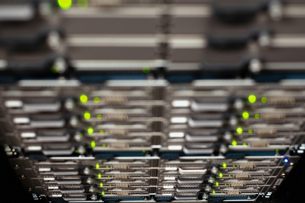 Network server rack with blinking LEDs